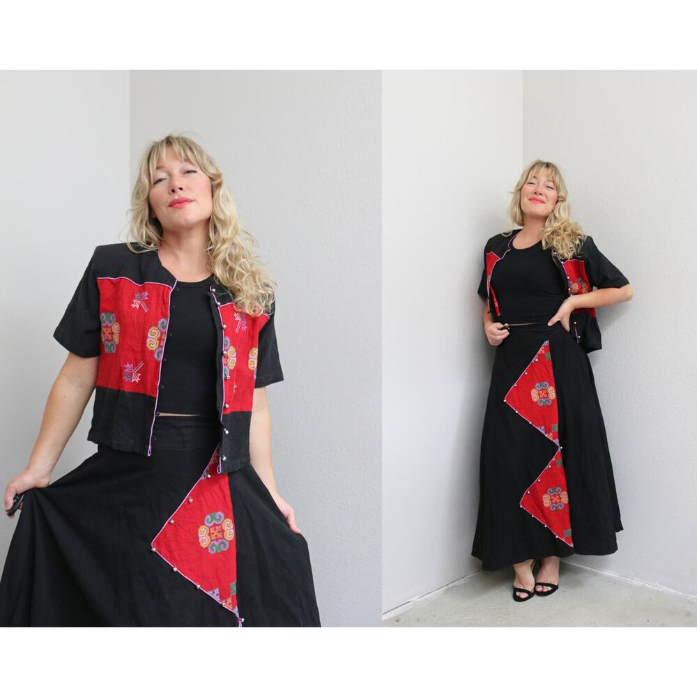 1990's Vintage Thailand Needlepoint Wrap Maxi Skirt & Jacket Set ~ Women's SM MD